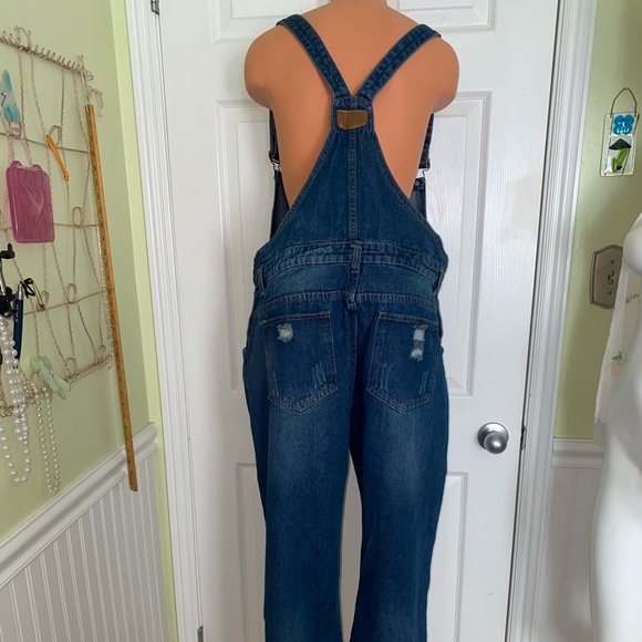 BASE GIRL NEW JENS Blue Distressed Overalls XL - Picture 3 of 14